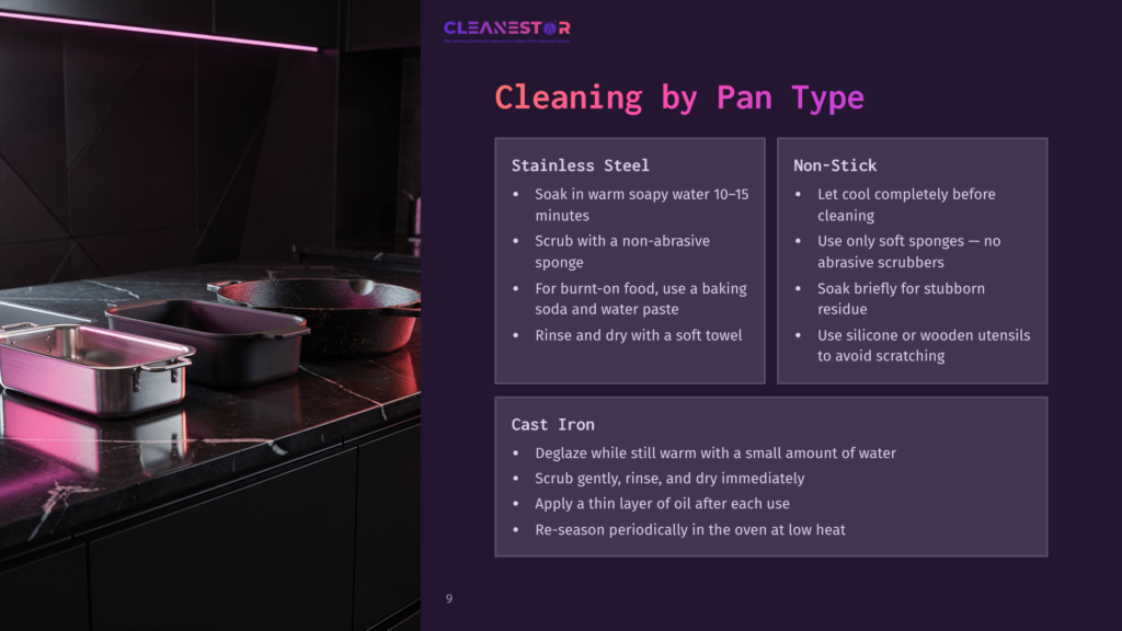 Two Types Of Roaster Pans, Stainless Steel And Non-Stick, Placed On A Dark Countertop, With Cleaning Instructions For Each Type.