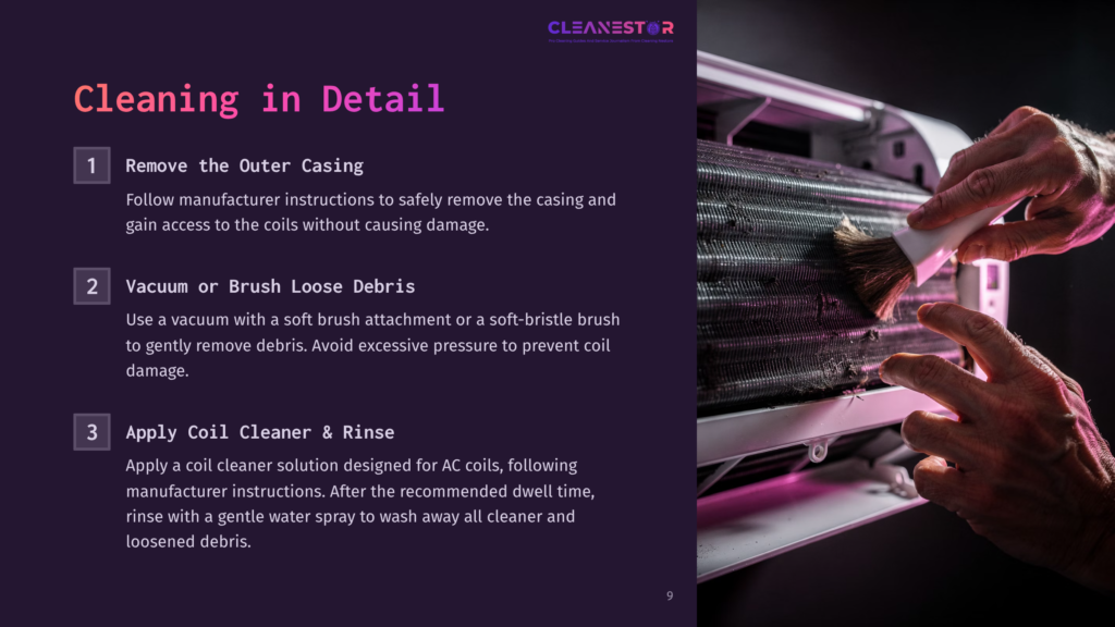 Instructions For Cleaning Ac Coils Featuring A Disassembled Unit With Visible Coils, Tools, And Cleaning Solutions On A Dark Background.