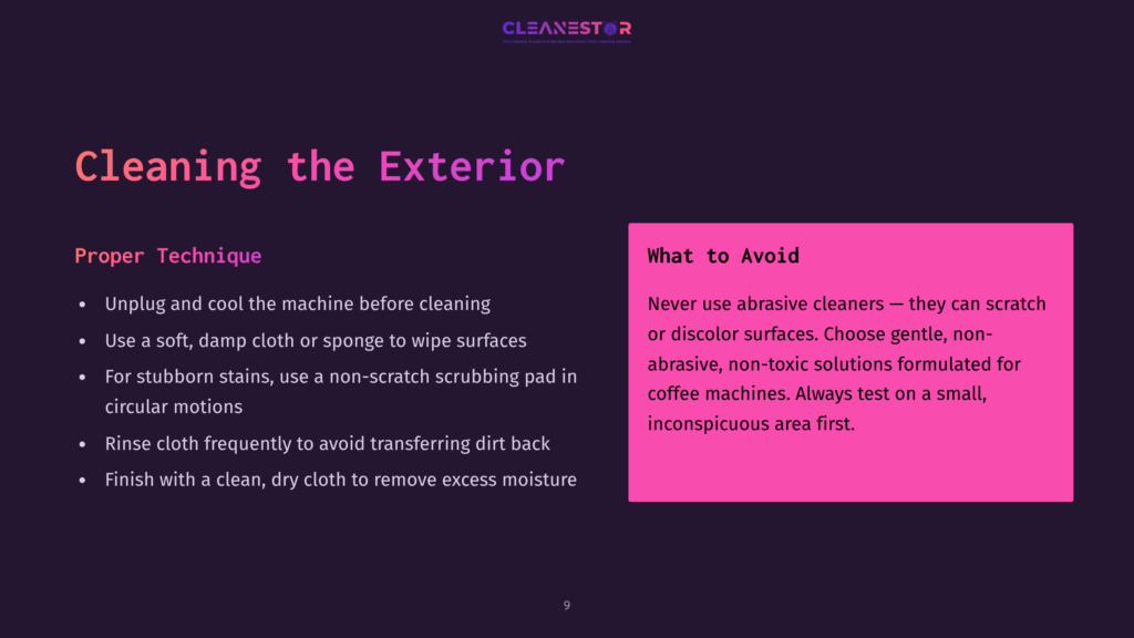 Presentation Slide Titled &Quot;Cleaning The Exterior&Quot; With &Quot;Proper Technique&Quot; And &Quot;What To Avoid&Quot; Sections. The &Quot;Proper Technique&Quot; Lists Steps For Cleaning, While &Quot;What To Avoid&Quot; Warns Against Abrasive Cleaners For Delicate Surfaces.