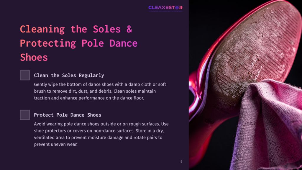 9 Cleaning The Soles And Protecting Pole Dance Shoes Close-Up Of A Red Pole Dance Shoe Sole Being Cleaned With A Pink Cloth, Showing Dirt And Wear. Text Overlay: &Quot;Cleaning The Soles &Amp; Protecting Pole Dance Shoes&Quot;.