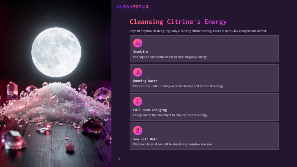 Cleansing Citrine'S Energy: Full Moon Over A Pile Of Citrine Crystals And Sea Salt, With Text Detailing Smudging, Running Water, Full Moon Charging, And Sea Salt Bath Methods For Crystal Cleansing.