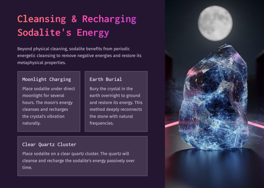 9 Cleansing And Recharging Sodalites Energy A Large, Luminous Sodalite Crystal Glows With Blue And Purple Light, Set Against A Dark, Smoky Background With A Full Moon Overhead, Illustrating Methods For Cleansing And Recharging Sodalite Energy.