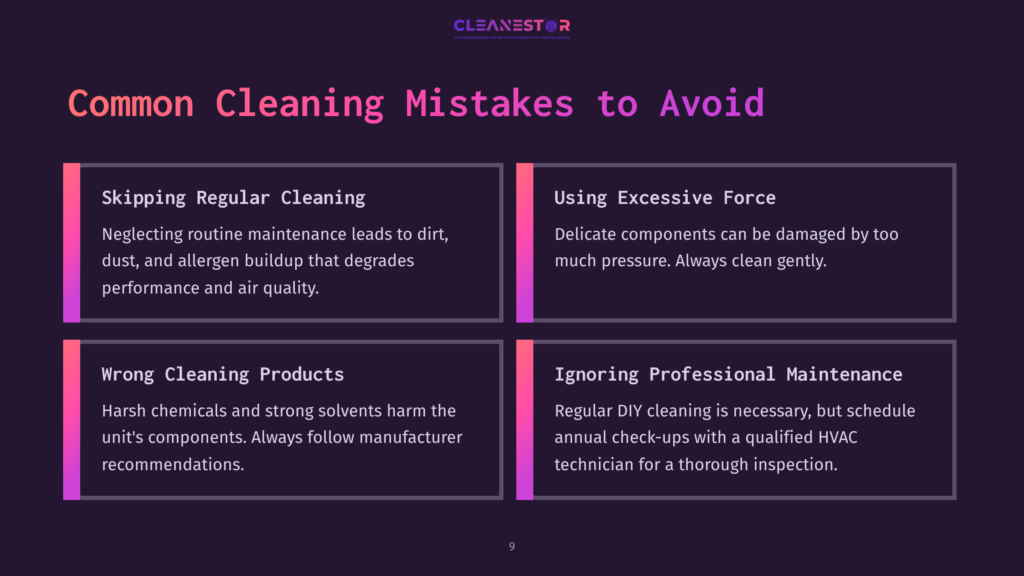 Four Dark Purple Boxes Each Contain Text Highlighting Common Mistakes In Cleaning Ductless Mini-Split Systems, With Bold Titles And Contrasting Colors.