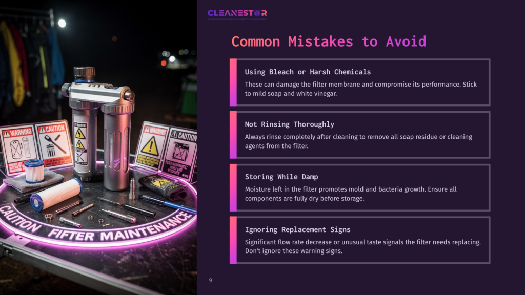 9 Common Mistakes To Avoid 1 A Gravity Filter Beside Caution Signs, With A Neon Purple Glow, Highlighting Cleaning Tips And Mistakes To Avoid In Filter Maintenance.