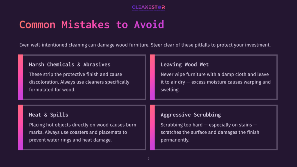 9 Common Mistakes To Avoid 10 Infographic Titled &Quot;Common Mistakes To Avoid&Quot; Listing Four Common Mistakes When Cleaning Wood Furniture: Harsh Chemicals &Amp; Abrasives, Leaving Wood Wet, Heat &Amp; Spills, And Aggressive Scrubbing.