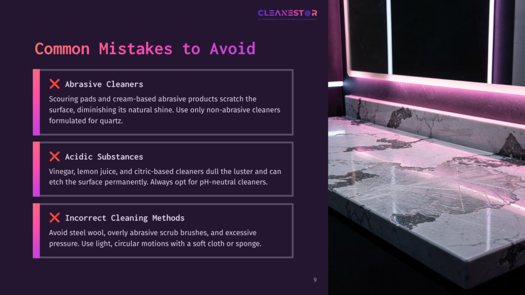 A Modern Bathroom With A Quartz Countertop, Highlighted By Purple Ambient Lighting And A List Of Common Cleaning Mistakes In Bold Text.