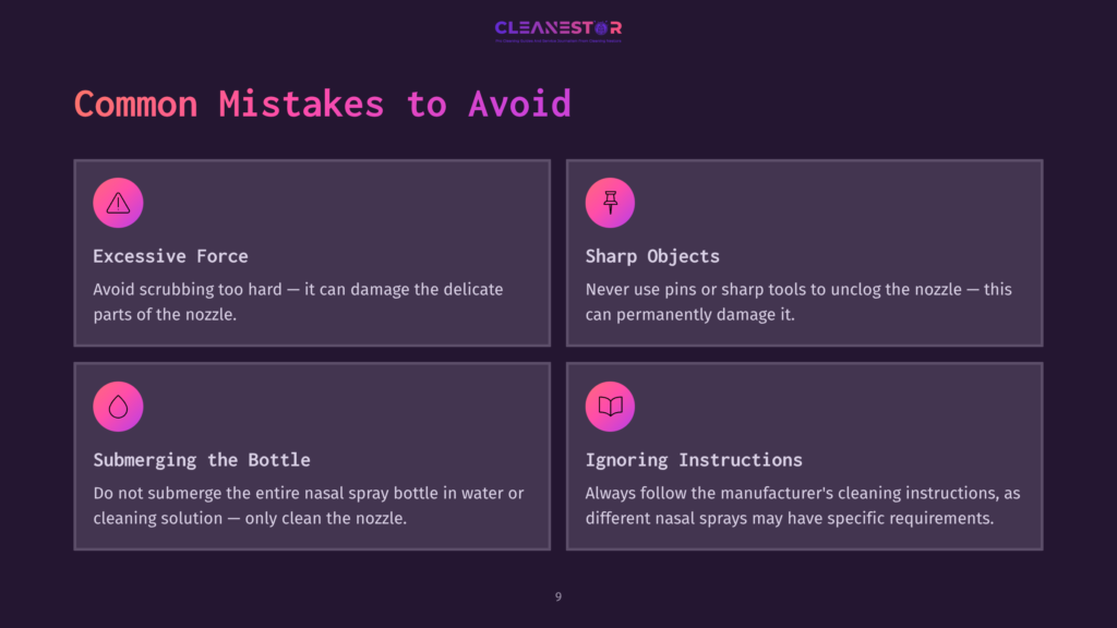 Four Sections On Avoiding Common Mistakes When Cleaning A Nasal Spray Nozzle, Featuring Icons And Tips On A Dark Background.