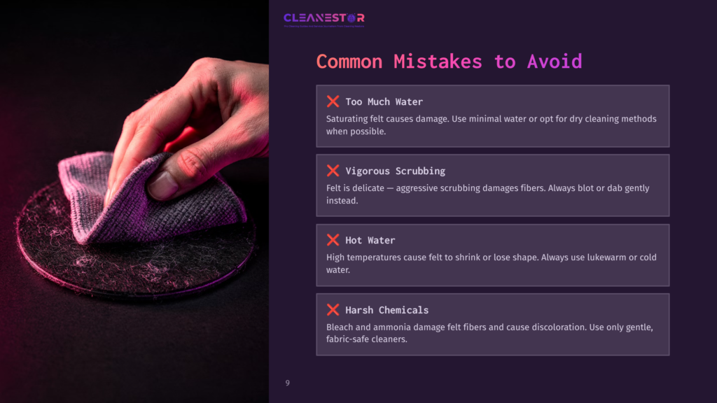 Hand Holding A Purple Felt Coaster, Showing A Gentle Cleaning Method. Text Highlights Common Cleaning Mistakes With Red Warning Boxes.