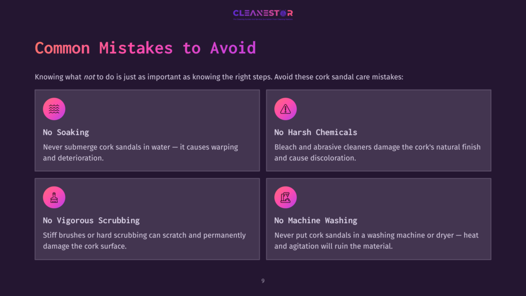 Four Pink Caution Symbols Highlight Common Mistakes For Cleaning Cork Sandals: No Soaking, No Harsh Chemicals, No Vigorous Scrubbing, And No Machine Washing. Background In Dark Purple.