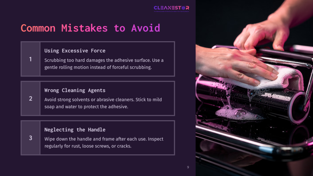 9 Common Mistakes To Avoid 7 A Hand Gently Wipes A Sticky Roller With A Damp Cloth, Illustrating The &Quot;Common Mistakes To Avoid&Quot; When Cleaning Rollers, As Presented On A Slide With Text.