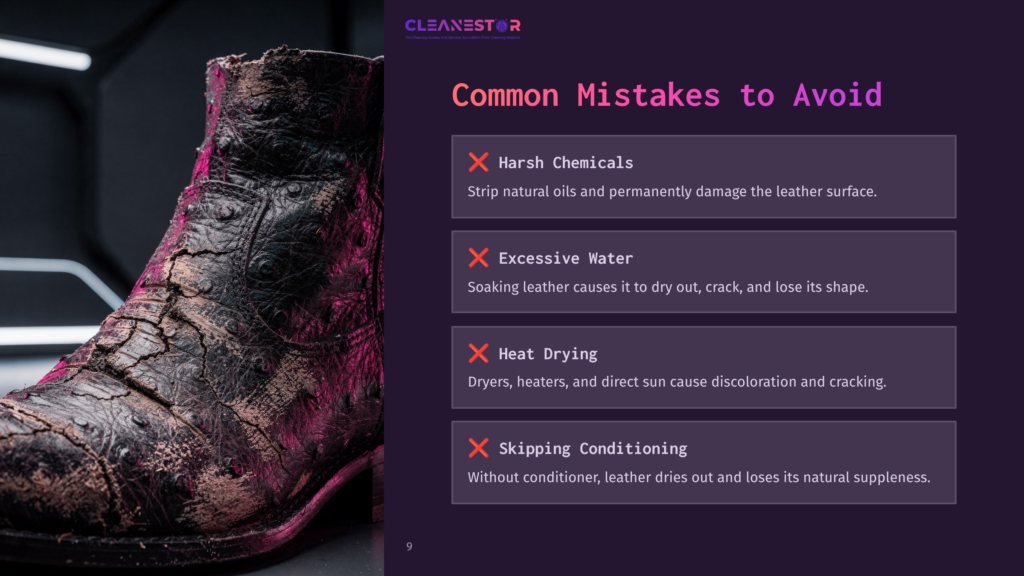 A Cracked, Dry, And Damaged Black Leather Boot Sits On A Dark Background. Text Overlay Reads: &Quot;Common Mistakes To Avoid,&Quot; Listing &Quot;Harsh Chemicals,&Quot; &Quot;Excessive Water,&Quot; &Quot;Heat Drying,&Quot; And &Quot;Skipping Conditioning.