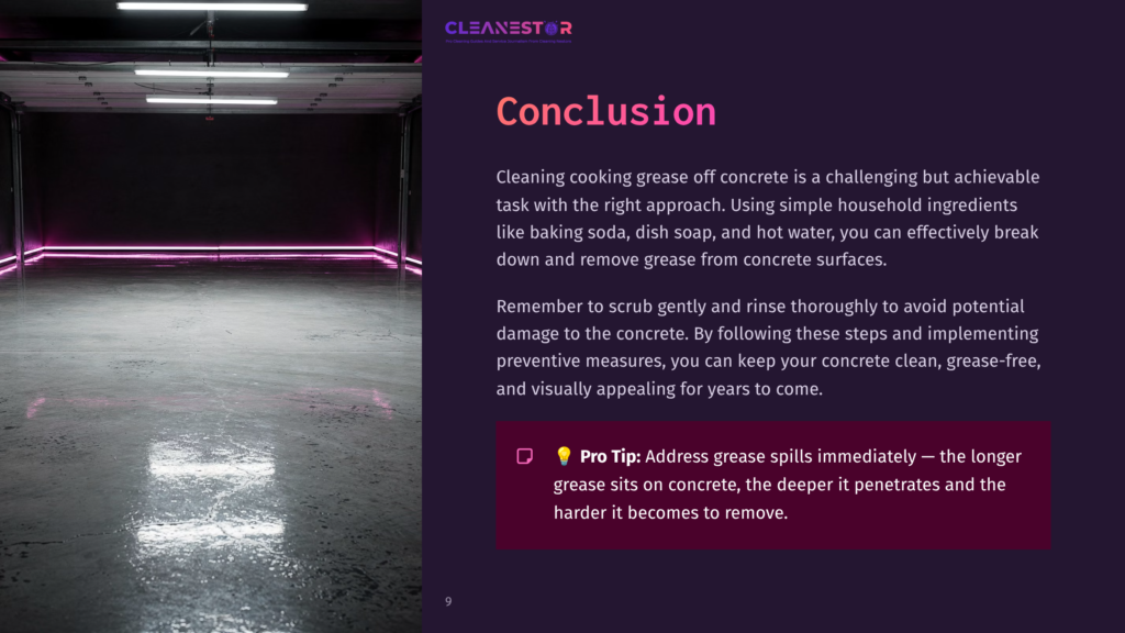 9 Conclusion Conclusion Slide With A Clean, Polished Concrete Garage Floor Reflecting Pink Neon Lights, And Text Discussing Effective Methods For Cleaning Concrete Grease.