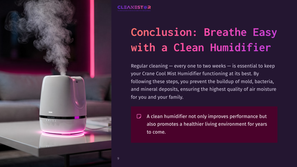 White Crane Cool Mist Humidifier Emitting Steam In A Dimly Lit Setting, Highlighted By A Pink Glow, With Text About Cleaning Benefits Nearby.