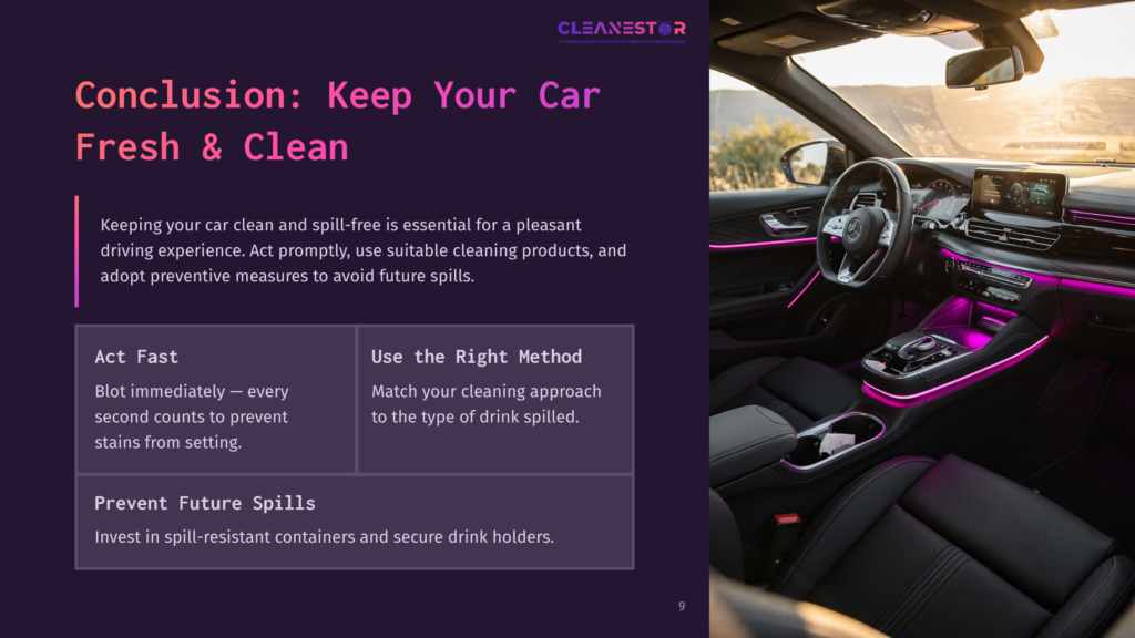 A Modern Car Interior Featuring A Gear Shift, Cup Holders, And Ambient Lighting, With Text Providing Cleaning Tips.