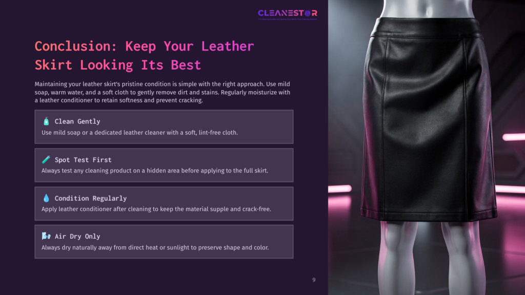 A Black Leather Skirt Displayed On A Mannequin Against A Gradient Purple Background, With Cleaning Tips Listed Alongside It.