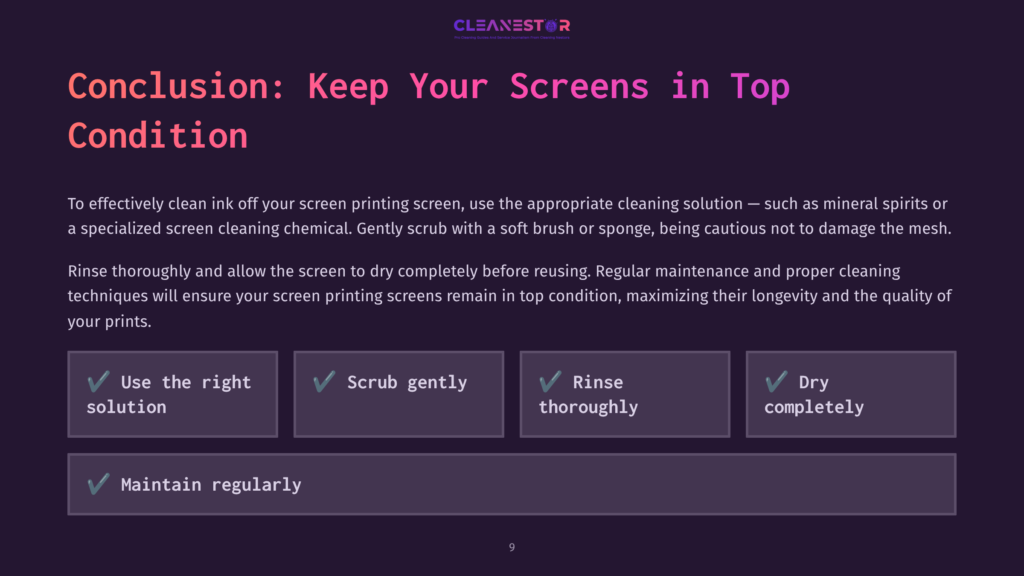 Text On A Purple Background Outlines Screen Cleaning Tips, Including Using The Right Tools, Gentle Scrubbing, Rinsing, And Regular Maintenance.