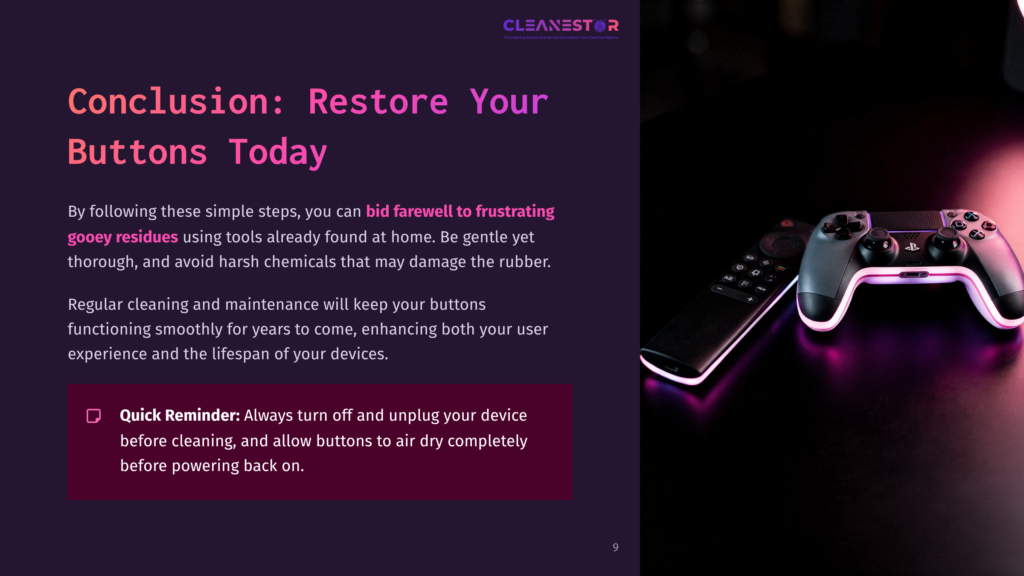 9 Conclusion Restore Your Buttons Today A Dark-Themed Layout With A Clean Controller And Highlighted Text. Tips For Cleaning Rubber Buttons Are Displayed Prominently.