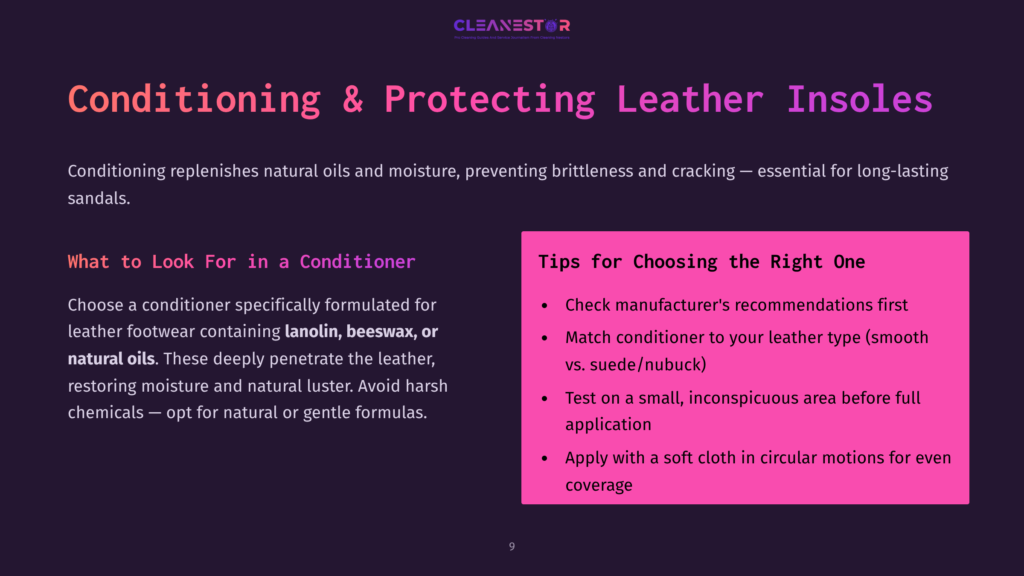 Cleanestor Logo At The Top Of A Presentation Slide About Conditioning And Protecting Leather Insoles, With Bullet Points On Choosing The Right Conditioner.