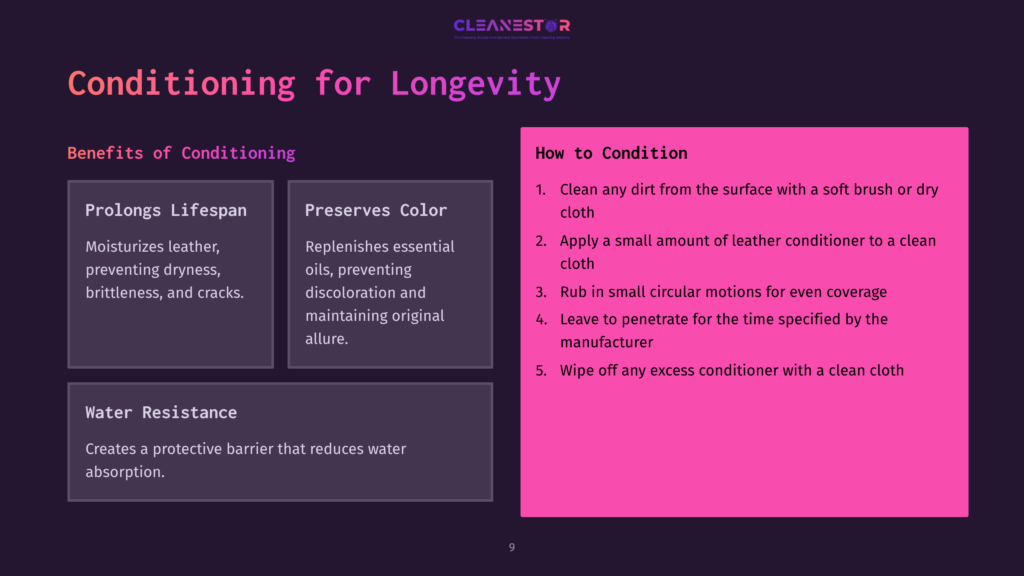 A Presentation Slide Titled &Quot;Conditioning For Longevity&Quot; Explains The Benefits And How-To Of Conditioning, With Sections On &Quot;Prolongs Lifespan,&Quot; &Quot;Preserves Color,&Quot; And &Quot;Water Resistance.