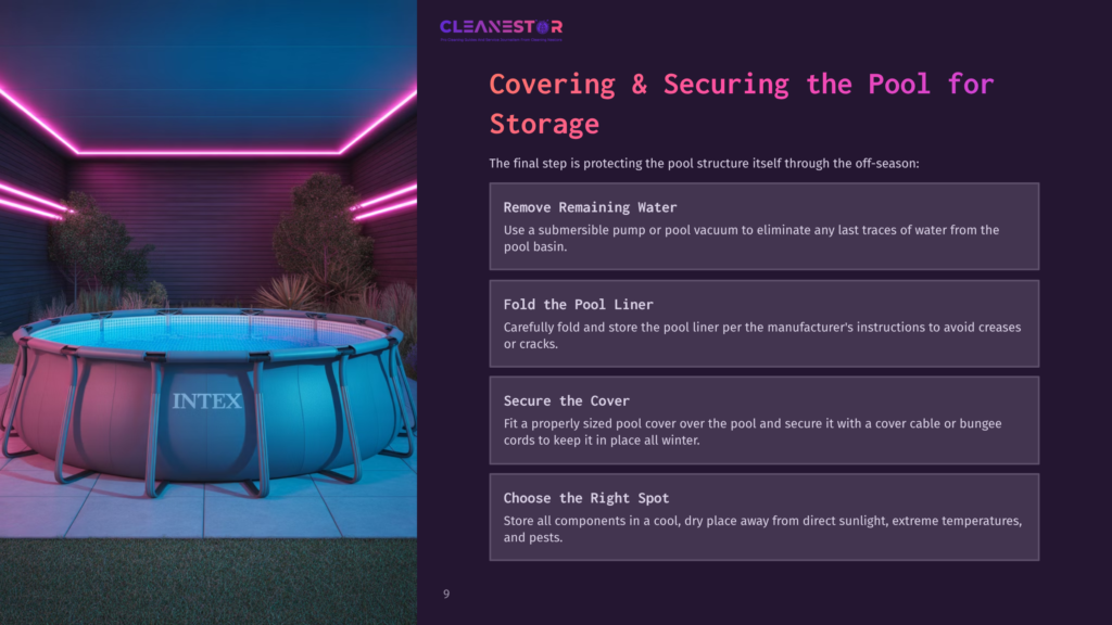 9 Covering And Securing The Pool For Storage An Above-Ground Swimming Pool, With The Intex Logo Visible, Is Illuminated By Bright Pink Led Lights At Dusk. The Pool Is Covered And Secured For Winter, With Text Overlaying The Image Detailing Steps For Pool Maintenance.