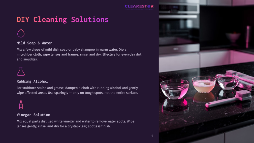 Three Glass Bowls Containing Cleaning Solutions On A Dark Countertop, With A Kitchen Setting And Appliances In The Background.