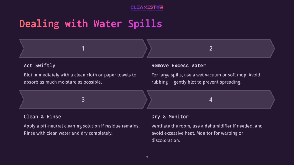 Instructional Graphic Featuring Four Steps For Addressing Water Spills: Act Swiftly, Remove Excess Water, Clean And Rinse, Dry And Monitor.