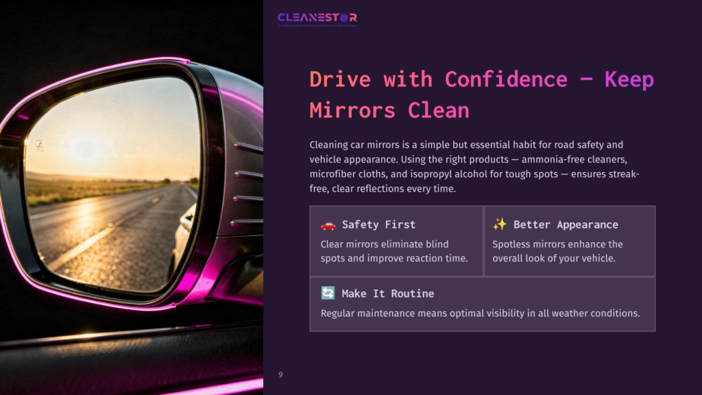 9 Drive With Confidence Keep Mirrors Clean A Car Side Mirror With A Reflective View Of A Scenic Road, Accented By A Pink Border, Alongside Tips For Maintaining Mirror Cleanliness.