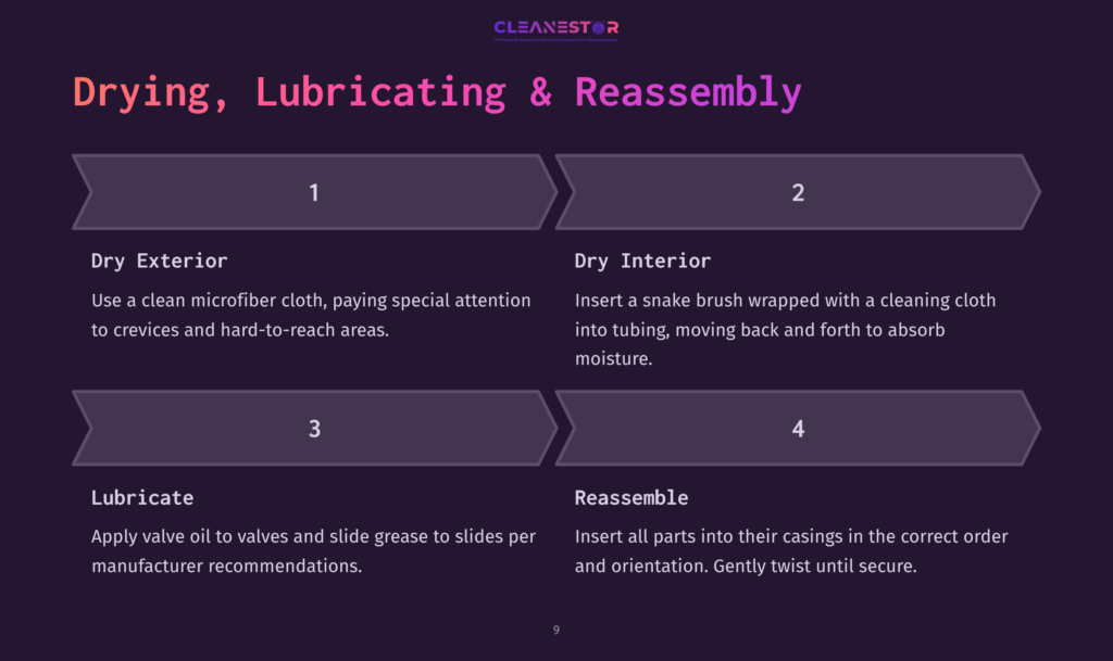 Step-By-Step Guide Detailing Cleaning Instructions For A Tuba, Featuring Numbered Boxes, Purple Background, And Clear Text Layout.