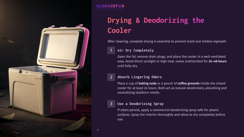A Purple And Pink Infographic Detailing Steps To Clean A Cooler, Featuring Icons For Air Drying, Absorbing Odors, And Using A Deodorizing Spray.