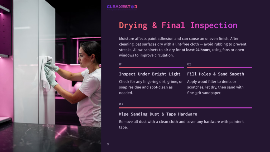 9 Drying And Final Inspection A Woman In Light Blue Gloves Wipes Down A White Cabinet With A White Cloth, Illuminated By Pink Led Lights. The Text &Quot;Cleanestor Drying &Amp; Final Inspection&Quot; Is Visible.