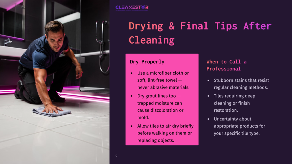 Man Kneeling On A Bathroom Floor, Cleaning Matte Porcelain Tiles With A Microfiber Cloth. Neon Lights Add Vibrant Accents In The Background.