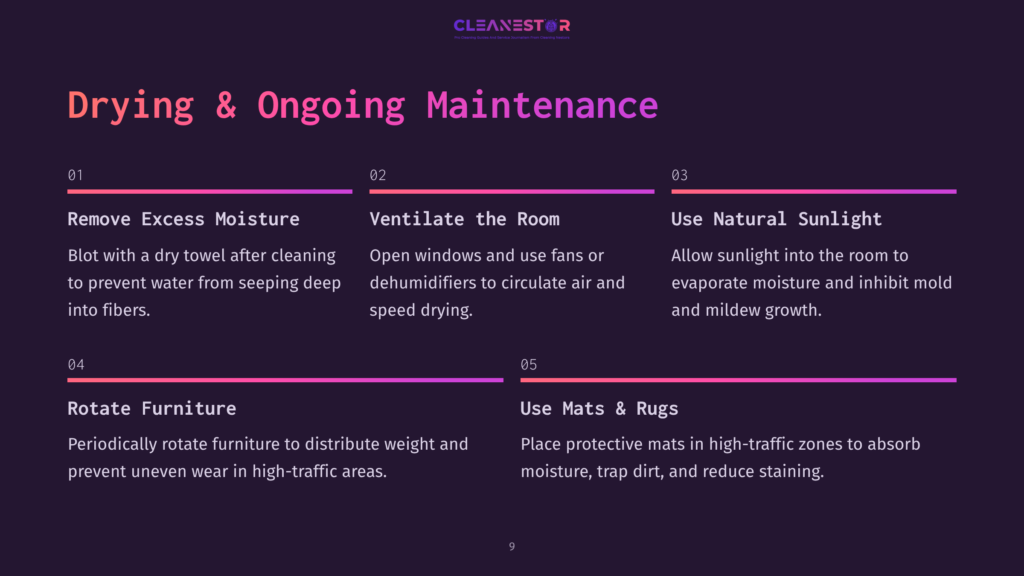 Instructions On Carpet Care Featuring A Dark Background With White And Purple Text Outlining Five Maintenance Tips For Smartstrand Carpets.