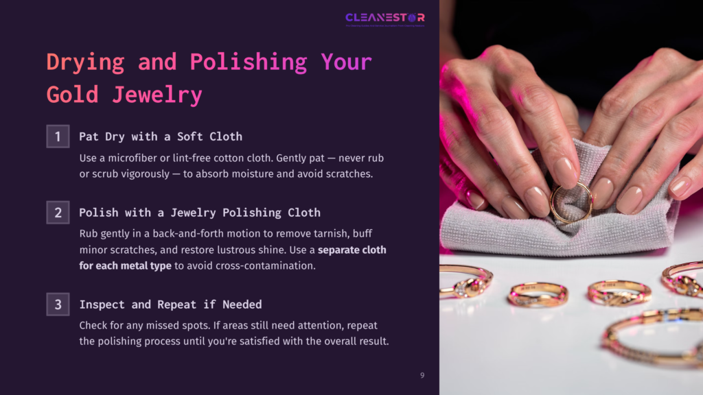 Hands Gently Polish A Gold Ring With A Soft Grey Cloth, Surrounded By Other Gleaming Gold Jewelry. Text Overlay: &Quot;Cleanestor Drying And Polishing Your Gold Jewelry.