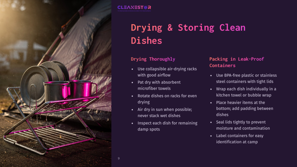Drying And Storing Clean Dishes For Camping: A Metal Dish Rack Holds Plates And Mugs, With A Tent In The Background. The Graphic Lists Tips For Air-Drying And Packing Dishes.