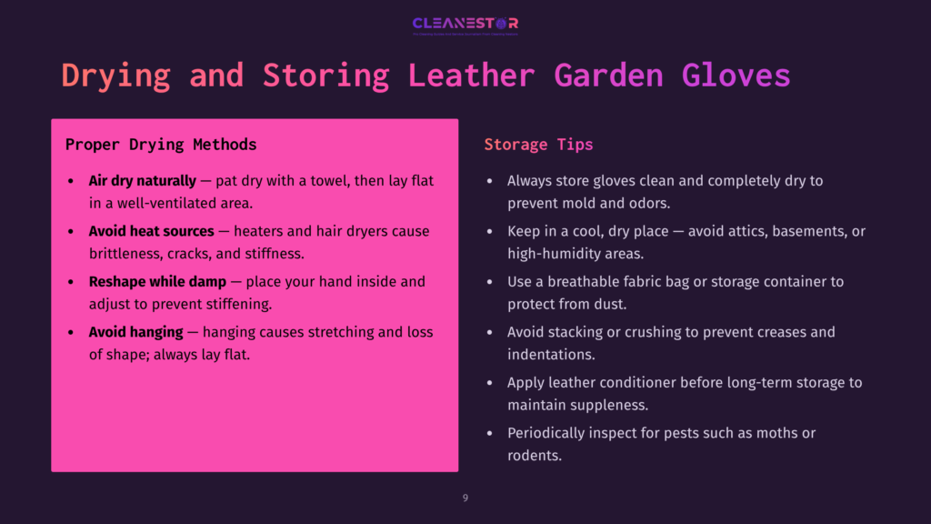 9 Drying And Storing Leather Garden Gloves A Slide Featuring Tips On Drying And Storing Leather Garden Gloves, With Purple And Pink Text On A White Background, Listing Care Methods And Storage Advice.