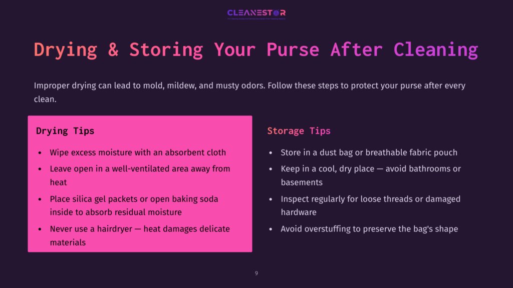 Infographic With Text &Quot;Drying &Amp; Storing Your Purse After Cleaning&Quot; And Tips For Proper Drying And Storage, Including Using Absorbent Cloth And Storing In A Dust Bag.