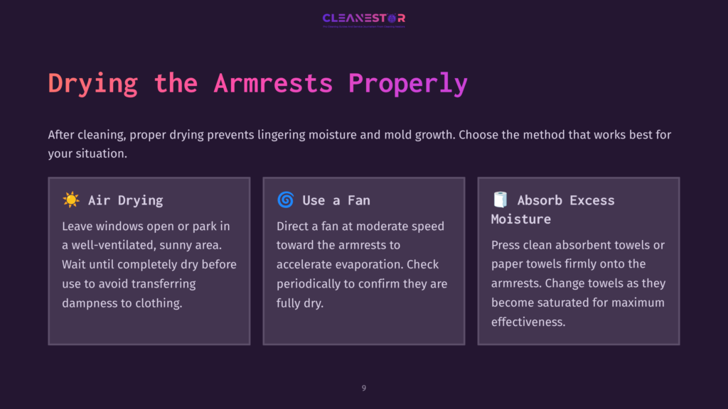 Three Methods For Drying Armrests: Air Drying By Window, Using A Fan, And Absorbing Excess Moisture With Towels. Text Reads &Quot;Drying The Armrests Properly&Quot;.