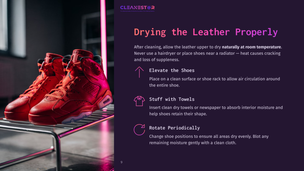 9 Drying The Leather Properly Bright Red Leather Shoes On A Drying Rack With Pink Lighting, Accompanied By Drying Tips In Purple Text On A Dark Background.