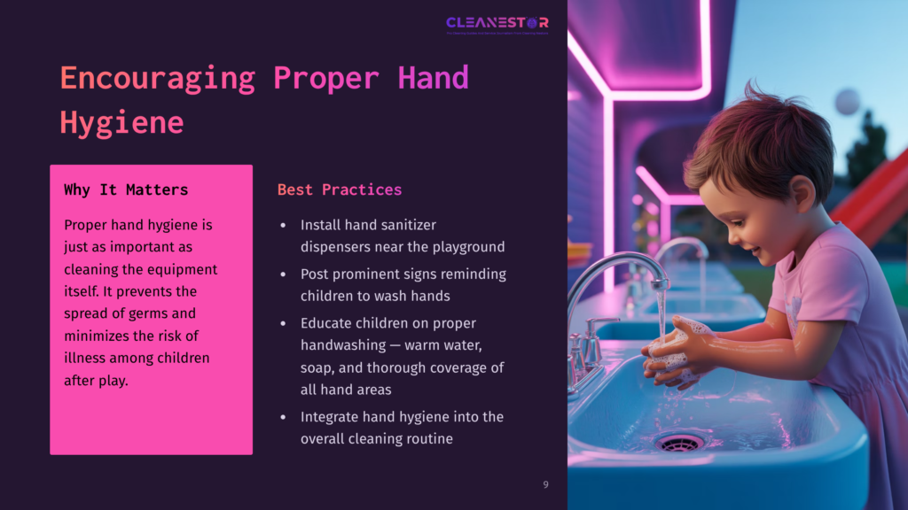 9 Encouraging Proper Hand Hygiene A Young Girl With Blonde Hair Smiles As She Washes Her Hands At A Bright Blue Sink, Suds Covering Her Hands. The Background Shows A Playground Slide And A Purple Neon-Lit Room, With Text Overlaying The Left Side Of The Image About Encouraging Proper Hand Hygiene.