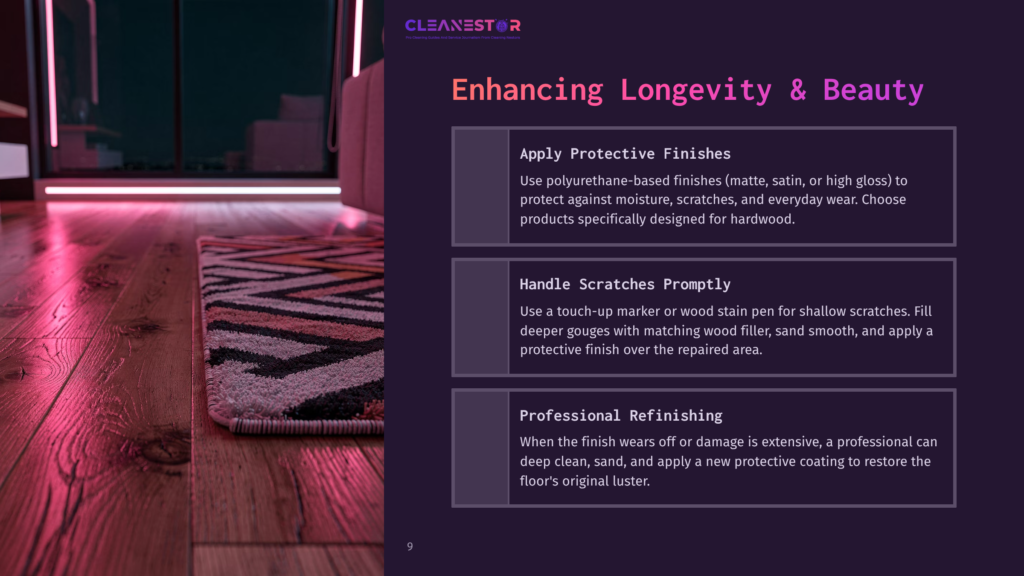 Cleanestor Logo And Text Detailing Hardwood Floor Enhancement Services: Apply Protective Finishes, Handle Scratches Promptly, Professional Refinishing. A Plush Rug Lies On A Polished Wooden Floor.