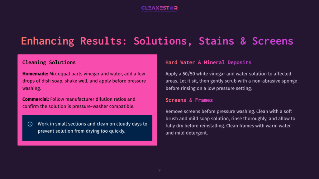A Dark Purple Slide With The Title &Quot;Enhancing Results: Solutions, Stains &Amp; Screens&Quot; Is Displayed. The Left Side Details &Quot;Cleaning Solutions&Quot; With &Quot;Homemade&Quot; And &Quot;Commercial&Quot; Instructions. The Right Side Details &Quot;Hard Water &Amp; Mineral Deposits&Quot; And &Quot;Screens &Amp; Frames&Quot; Cleaning Tips.