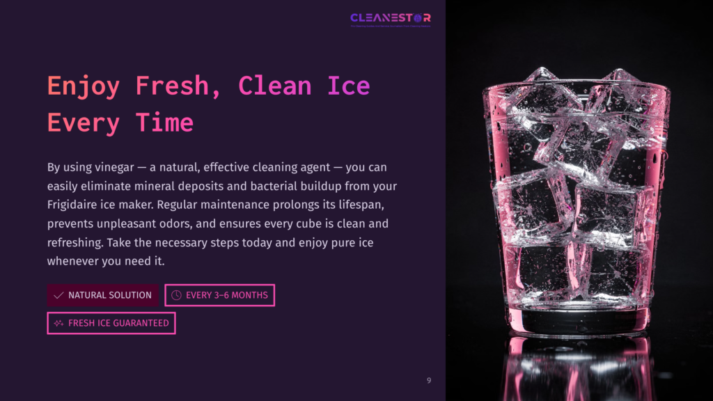 A Glass Of Ice Water With Pink Lighting, Next To Text Promoting Frigidaire Ice Maker Cleaning With Cleanestor.