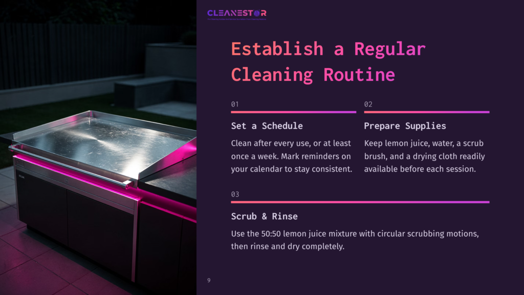 Flat-Top Grill With A Sleek Metallic Surface And Pink Lighting, Accompanied By Cleaning Instructions And A 50/50 Lemon Juice Mixture For Maintenance.