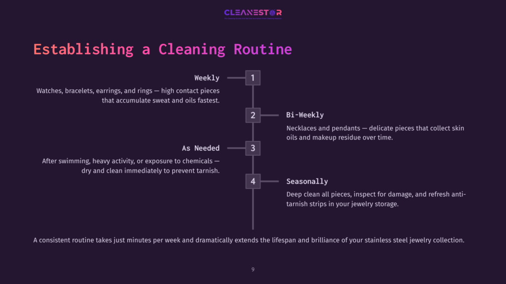 A Graphic Illustrating A Stainless Steel Jewelry Cleaning Routine With Sections For Weekly, Bi-Weekly, As Needed, And Seasonally. Text Details Cleaning Tasks For Watches, Bracelets, Necklaces, And Jewelry Storage.