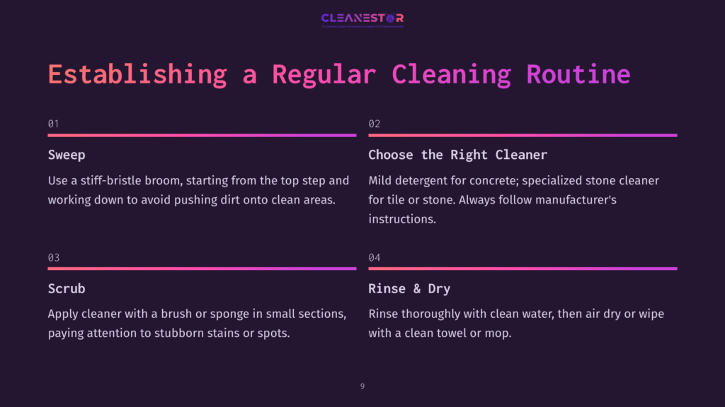 A Step-By-Step Guide With Bold Headings And Colorful Sections Outlining A Cleaning Routine For Front Steps.