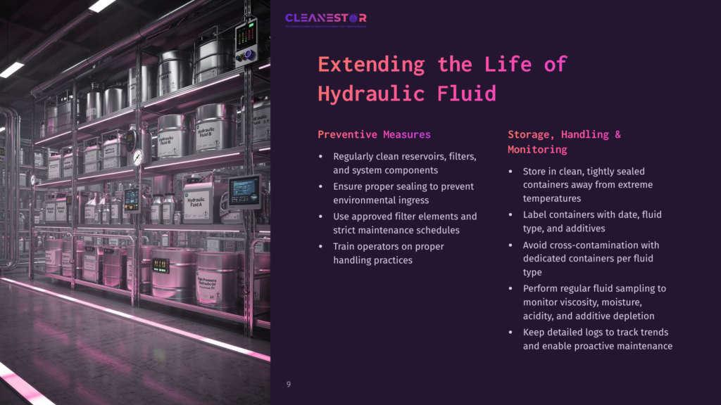 9 Extending The Life Of Hydraulic Fluid A Warehouse Aisle Filled With Shelves Stacked High With Various Hydraulic Fluid Containers, Including Drums And Smaller Cans. The Cleanestor Logo And Text &Quot;Extending The Life Of Hydraulic Fluid&Quot; Are Visible.