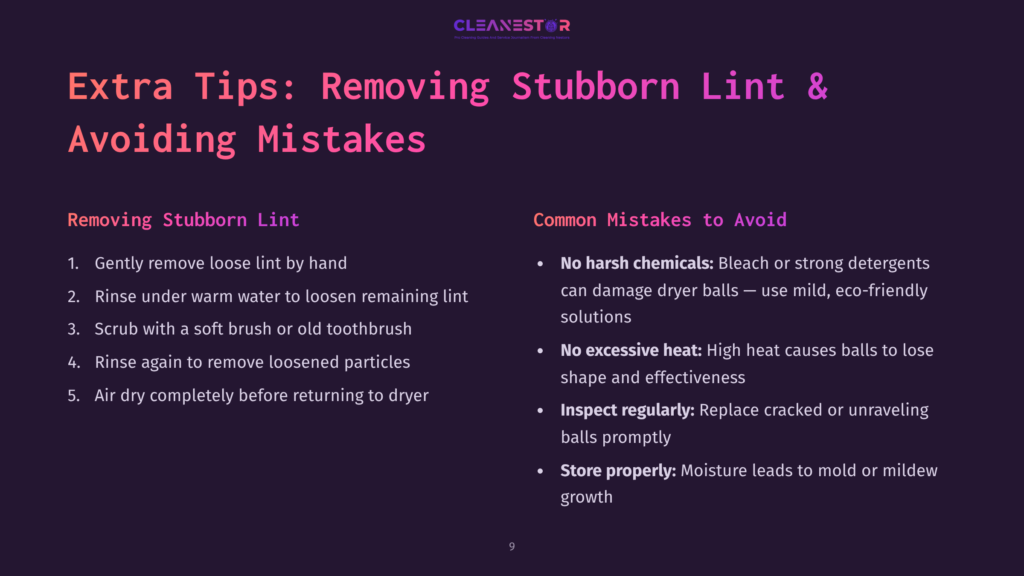 Tips For Cleaning Dryer Balls, Featuring Headings In Purple And White Text, With Lists On Removing Lint And Common Mistakes In A Clean Layout.