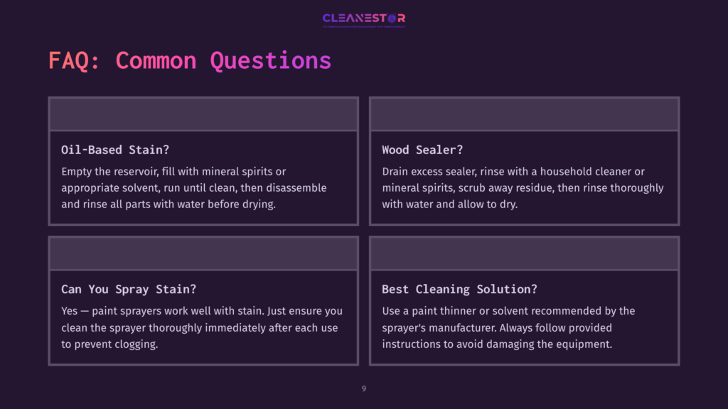 Text Box With Questions About Cleaning Paint Sprayers, Featuring A Dark Background With White And Purple Text. Key Topics: Oil-Based Stains, Wood Sealers, And Cleaning Solutions.