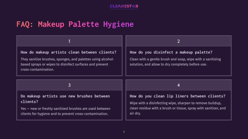 Four Sections On A Dark Purple Background Feature White Text Discussing Makeup Palette Hygiene, With Faq-Style Headings And Answers.