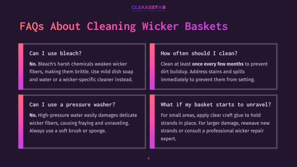 Cleanestor Logo Above Faqs About Cleaning Wicker Baskets, With Sections On Bleach, Pressure Washers, And Cleaning Frequency.